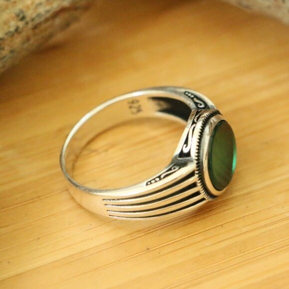 925 Sterling Silver Mens Rings Green Agate - Picture 5 of 7